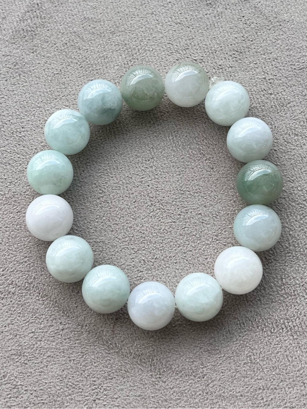 Grade A Green and White Jadeite Jade Beaded Stretch Bracelet With Certificate
